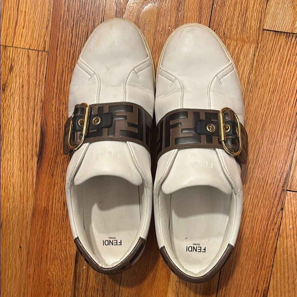 Fendi White and Brown Leather Slip-On Sneakers